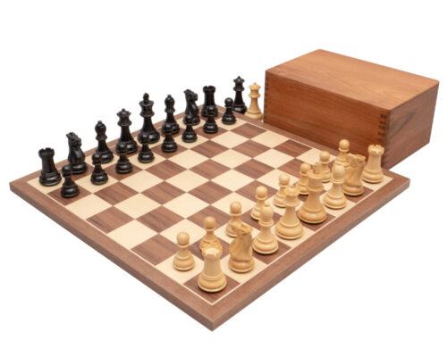 Ensemble Competition Echiquier en Bois de Noyer et d’Erable, Jeu d’Echecs en Bois de Buis & Coffret de Rangement en Bois de Rose Doré
