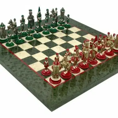 Set Camelot Re Artù V Scacchiera in Legno d'Acero Olivastro & Scacchi in Metallo Massiccio Dipinti a Mano