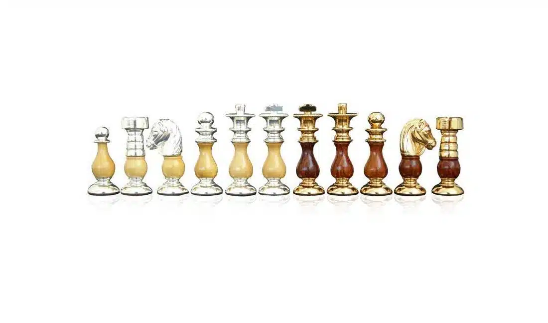 Jeu d'Echecs en Bois et Laiton Massif Plaqué Or et Argent "Francais"