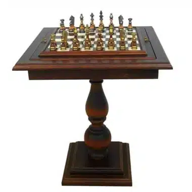 Ensemble "Stylisé II" Table en Bois d'hêtre, plateau en Albâtre et Marbre et Jeux d'Echecs en Bois et Laiton Massif