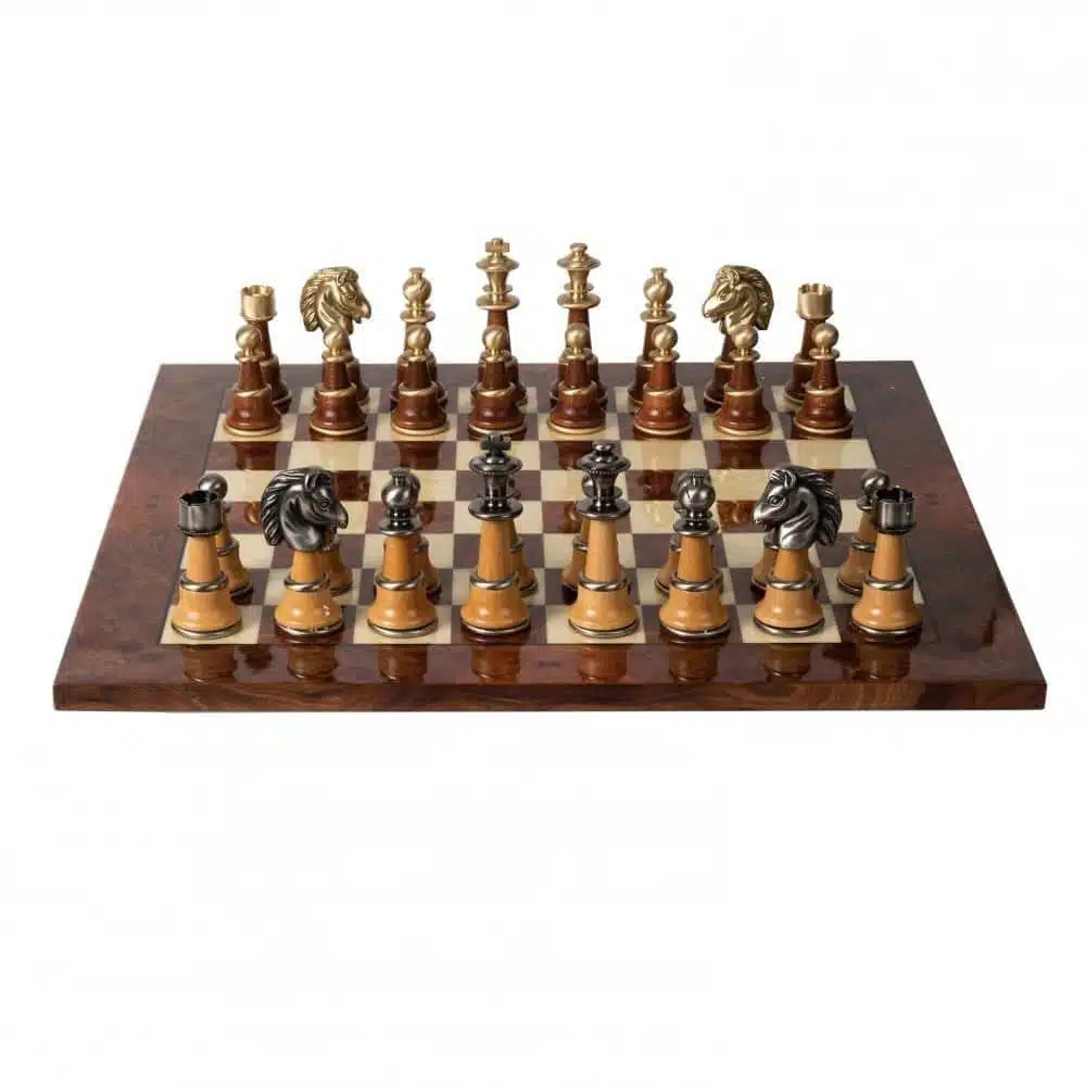 Set Staunton XL II Scacchiera in Legno di Olmo e Radica Laccata & Scacchi in Legno e Ottone