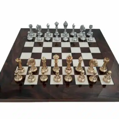 Set Classic Flower 6 Scacchiera in Radica di Noce e Scacchi in Metallo Placcato Oro e Argento