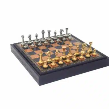 Set Mignon II Scacchiera in Similpelle con Vano Portapezzi & Scacchi in Ottone Massiccio