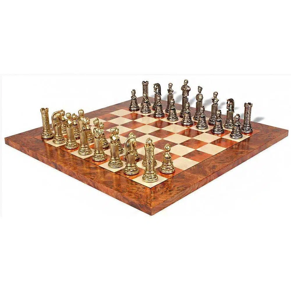 Set Impero Romano VIII Scacchiera Opaca in Legno di Olmo ed Erica e Scacchi in Metallo