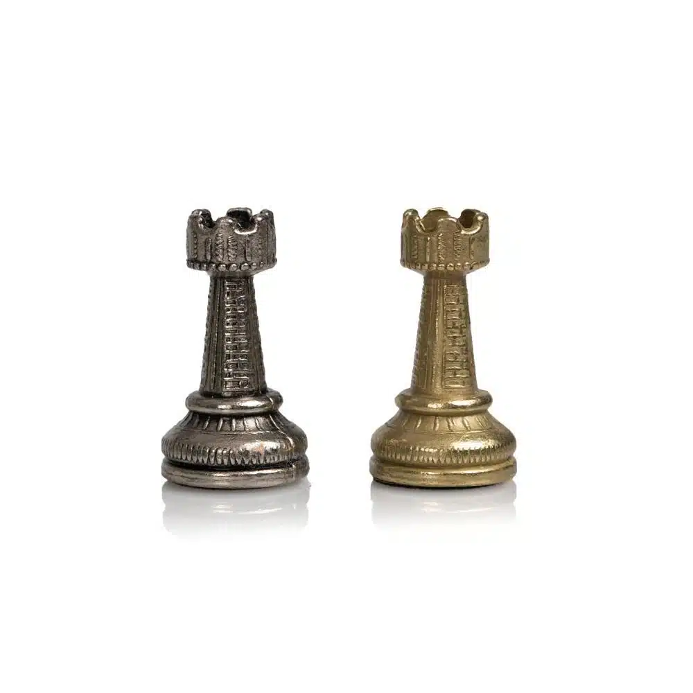 Set Mignon Flower III Scacchiera su Piedistallo in Legno Massello Effetto Ottone e Scacchi in Metallo Massiccio - immagine 7