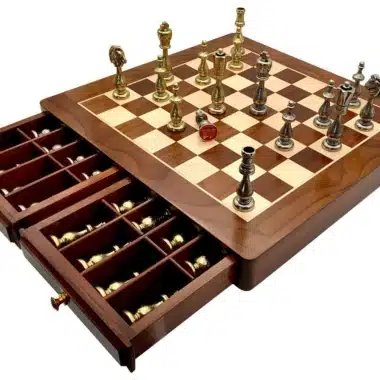 Set Orientale III Scacchiera in Legno d'Acero e Legno di Rosa Dorato & Scacchi in Metallo