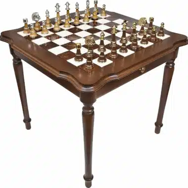 Set Staunton XL IV Tavolo da Scacchi in Legno e Marmo di Carrara e Scacchi in Legno e Ottone