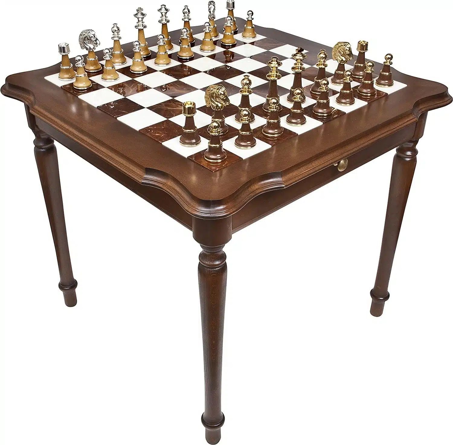 Set Staunton XL IV Tavolo da Scacchi in Legno e Marmo di Carrara e Scacchi in Legno e Ottone