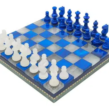 Set Blu e Bianco Scacchiera e Set di Scacchi in Marmo Antico con Scatola Portapezzi