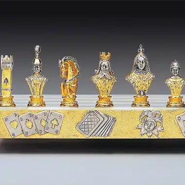 Ensemble "Poker I" Echiquier et Jeu d'Echecs en Bronze, Onyx et Or 24 Carats