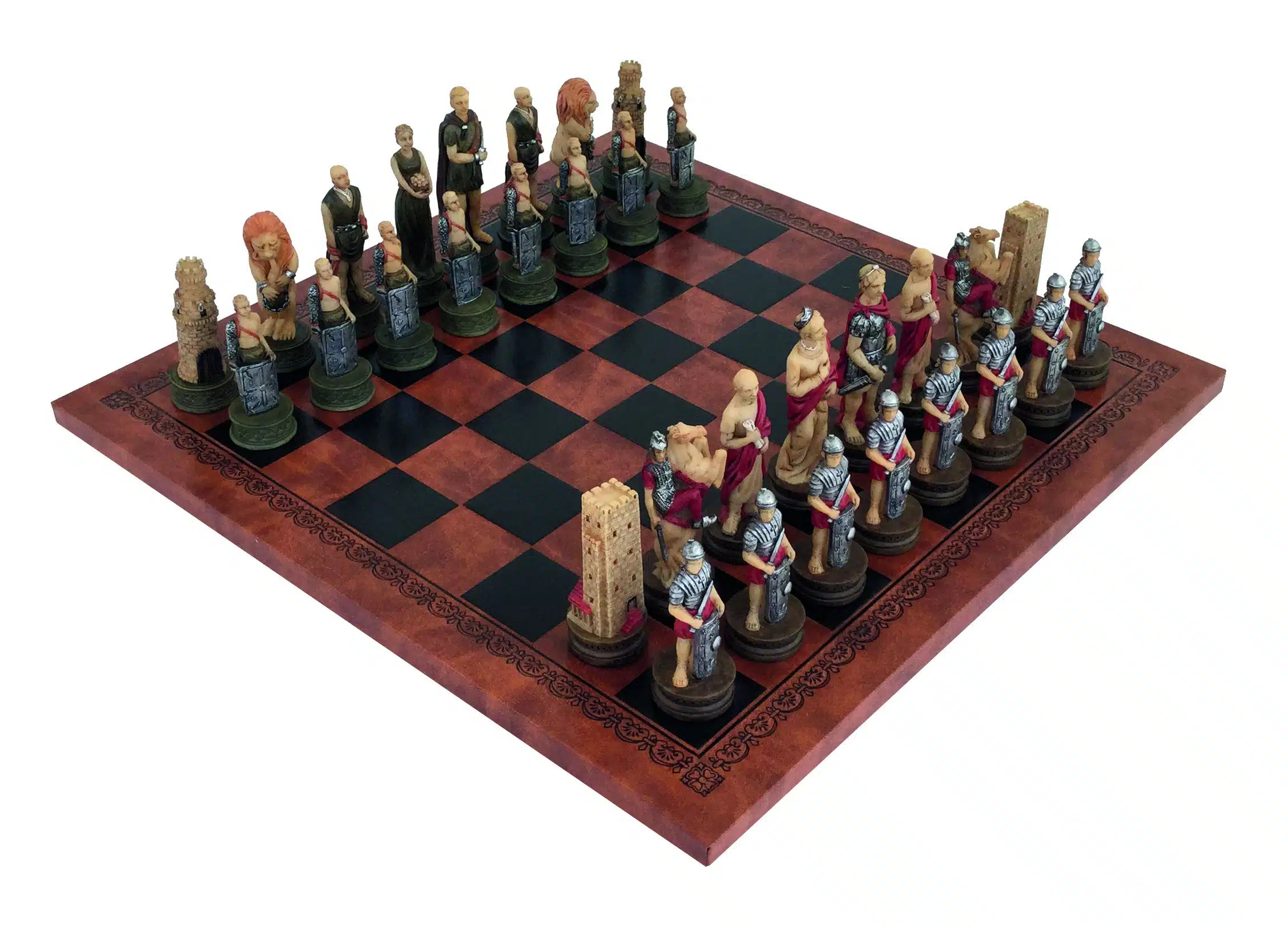 Set Gladiatori Scacchiera in Similpelle e Scacchi in Resina Dipinti a Mano