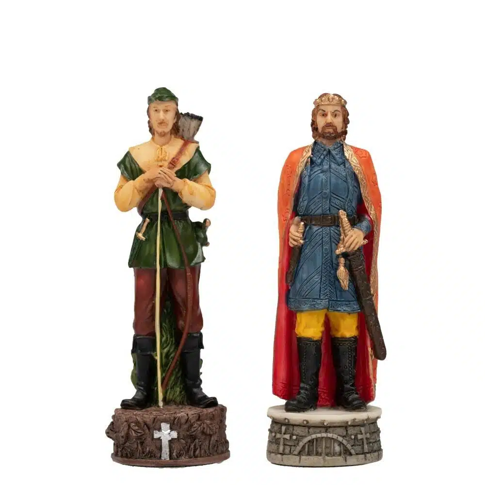 Set Robin Hood II Scacchiera in Legno d'Acero e Radica & Scacchi in Resina Dipinti a Mano - immagine 14
