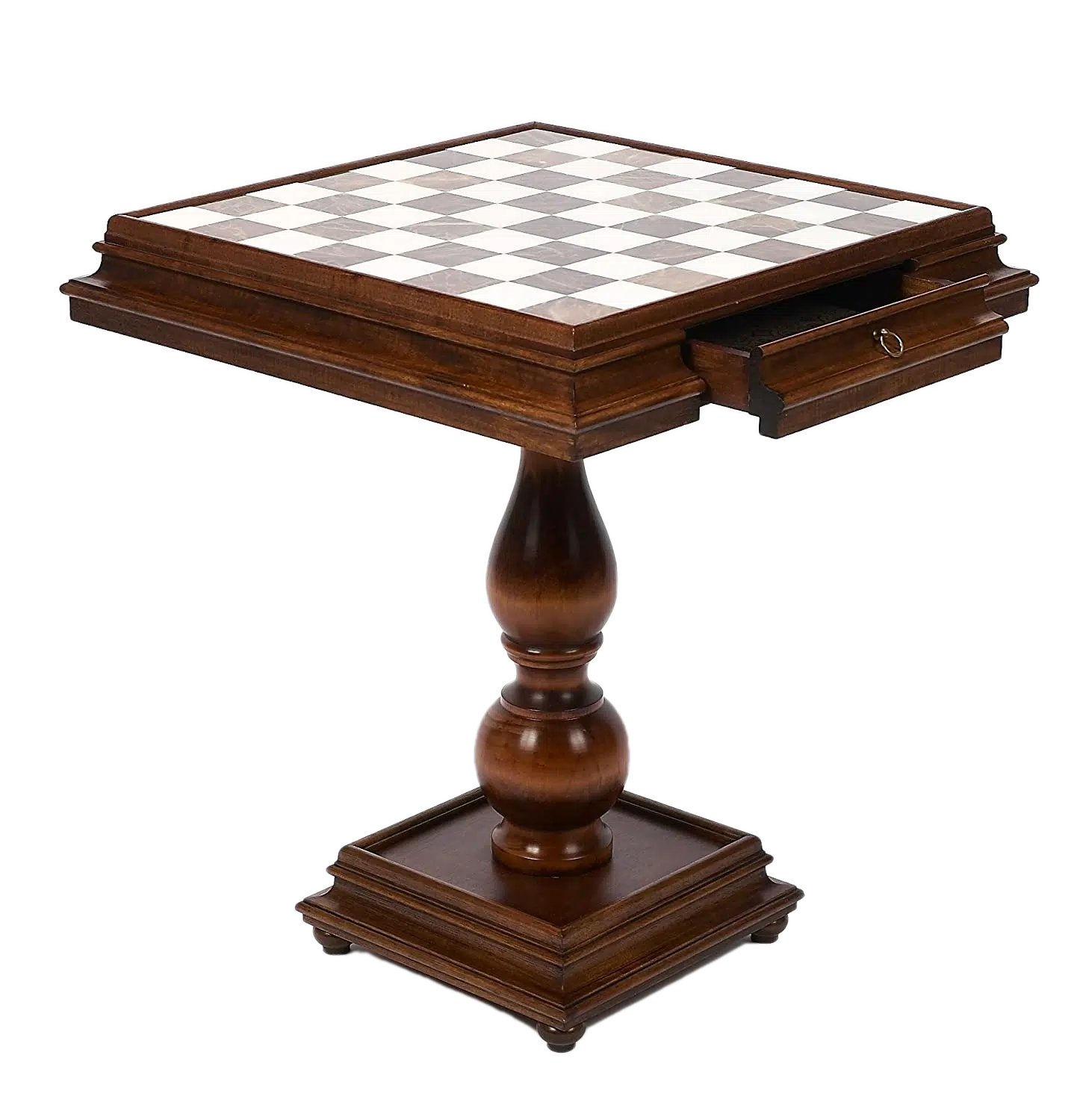 Tavolo Scacchiera di Lusso con Cassetto Portapezzi in Legno di Faggio e Piano di Gioco in Marmo di Carrara e Alabastro di Toscana
