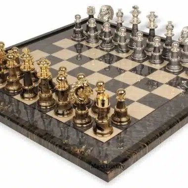 Set Staunton Fantasy XL Scacchiera in Legno d'Acero Verde & Scacchi in Ottone e Legno Placcato Oro e Argento