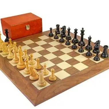 Set Partenone Scacchiera in Legno di Noce e Acero, Scacchi in Legno di Ebano e Bosso & Scatola Portapezzi