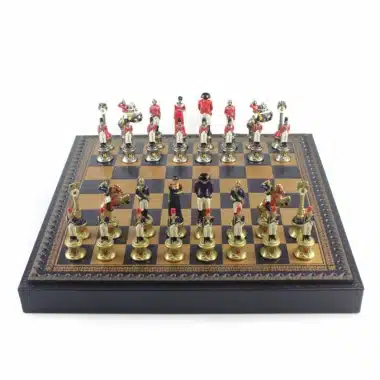 Set Napoleone III Scacchiera in Similpelle & Scacchi in Metallo Massiccio Dipinti a Mano
