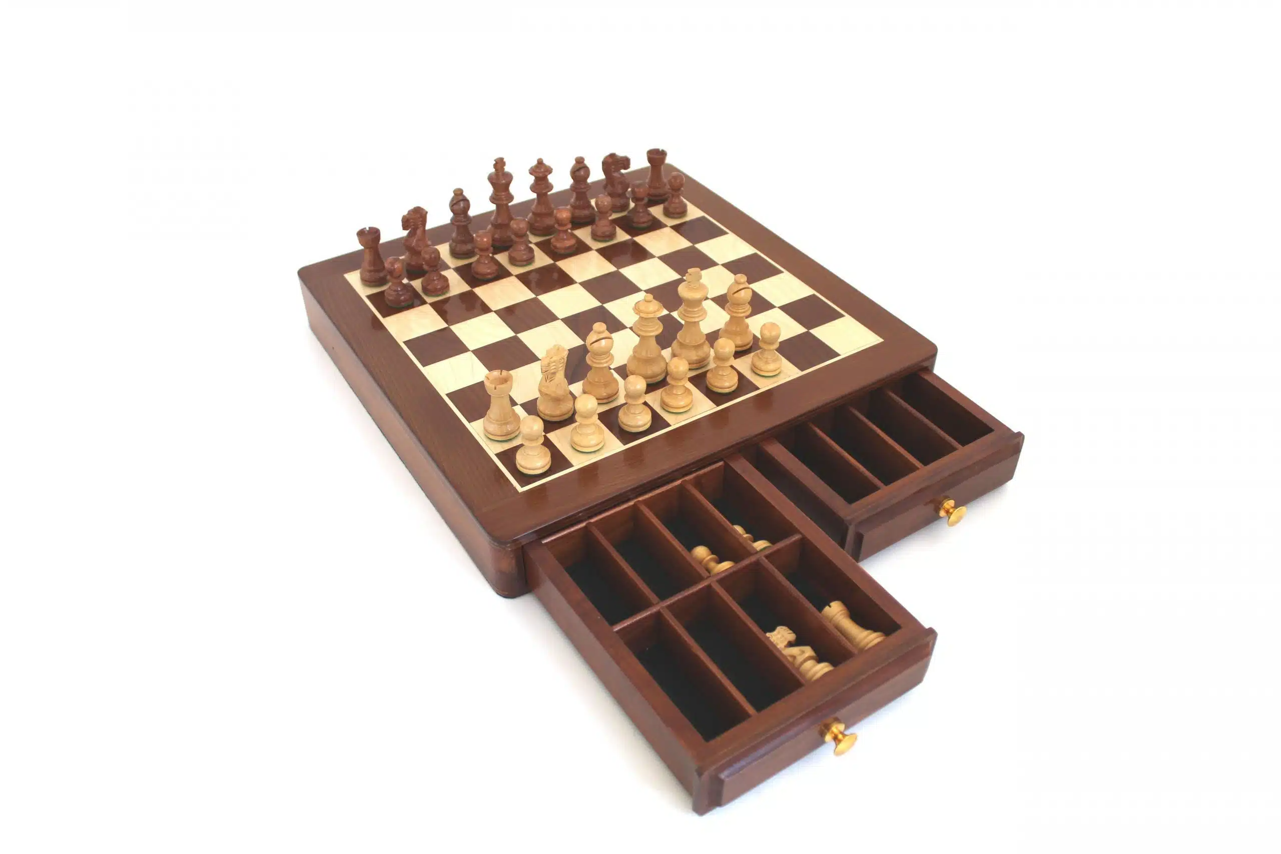 Set Classic XVI Scacchiera con Vano Portapezzi in Legno di Acero e Legno di Rosa Dorato e Scacchi in Legno di Rosa Dorato