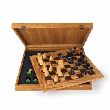 Set di Scacchi Moderno in Legno di Rosa e Scacchiera in Radica di Ulivo con Scatola Portapezzi