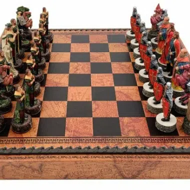 Jeu d'Échecs Robin des Bois - Échiquier - Backgammon et Jeu de dames en similicuir avec rangement & Pièces en résine