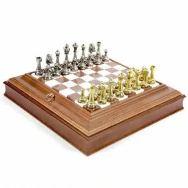 Jeu d'Échecs Staunton - Échiquier en Bois et Albâtre avec rangement intégré & Pièces en métal