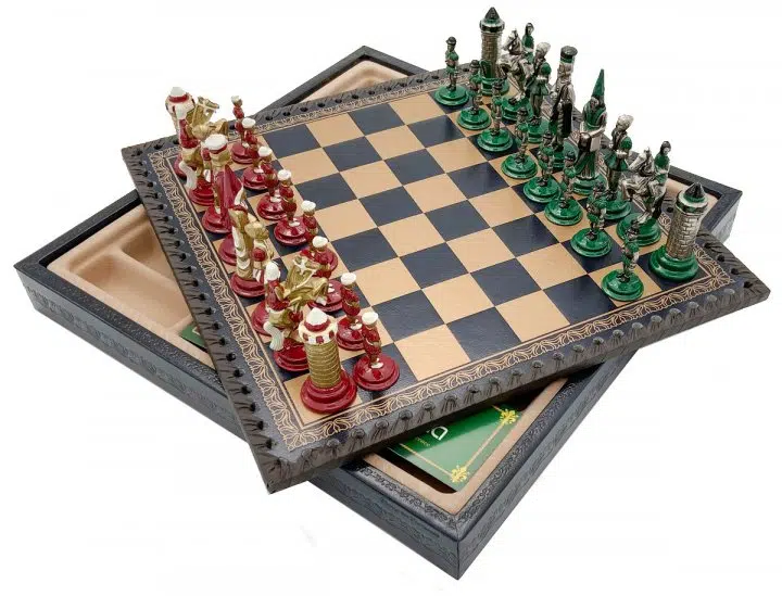 Jeu d'Échecs Camelot - Échiquier en similicuir avec rangement & Pièces en métal