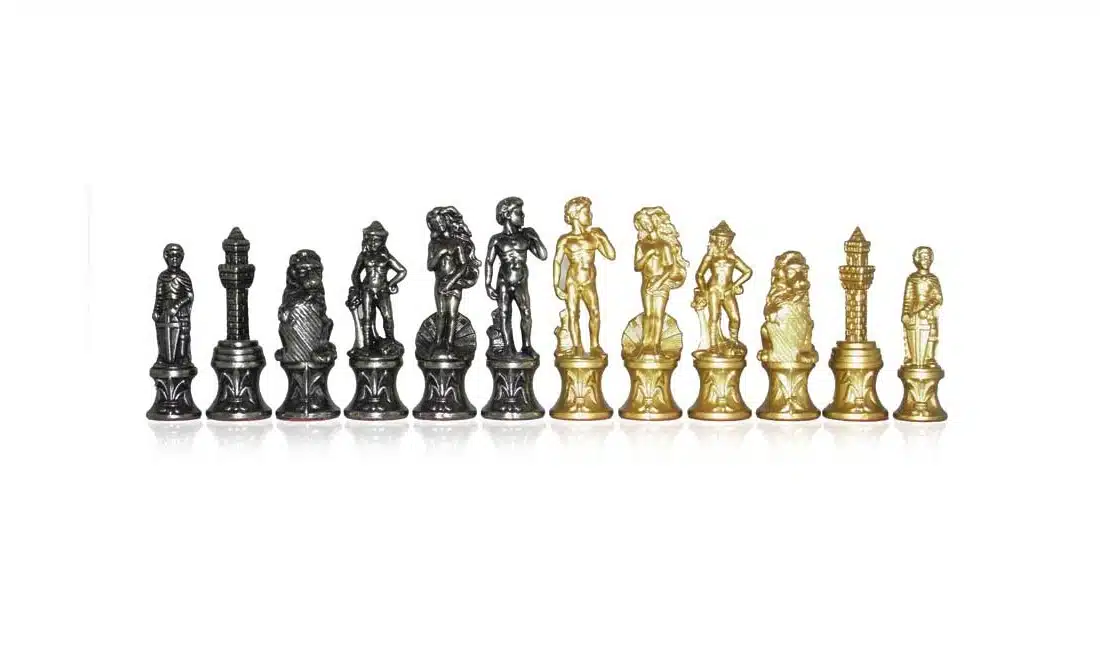 Set di Scacchi Fiorentino - Scacchiera Effetto Ottone con Cornice in Legno e Pezzi in Metallo - immagine 2