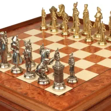 Jeu d'Échecs Napoléon - Échiquier en bois de Bruyère et Bois d'Orme avec tiroir & Pièces en métal