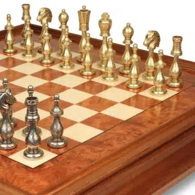 Jeu d'Échecs Arabesque - Échiquier en bois de Bruyère et Bois d'Orme avec tiroir & Pièces en métal