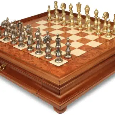 Jeu d'Échecs Arabesque - Échiquier en bois de Bruyère et Bois d'Orme avec tiroir & Pièces en métal
