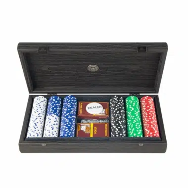 Set di Poker 300 Chips - Cofanetto in Legno Nero con Coperchio in Similpelle Nera