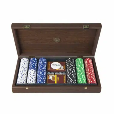 Set di Poker - Valigetta in Legno di Noce Scuro con Coperchio in Similpelle Marrone