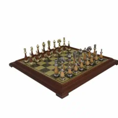 Set di Scacchi Arabesque - Scacchiera Effetto Ottone con Cornice in Legno e Pezzi in Metallo e Legno