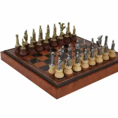 Set di Scacchi Medievale - Scacchiera Dama & Backgammon in Similpelle Marrone/Nera con Vano Portapezzi & Pezzi degli Scacchi in Metallo