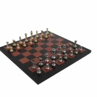 Piccolo Set di Scacchi Moderno in Ottone Artigianale con Scacchiera in Vera Pelle