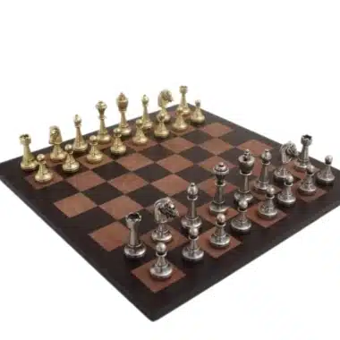Set di Scacchi Staunton in Metallo & Scacchiera in Vera Pelle