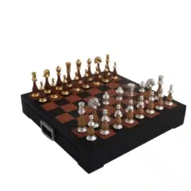 Set di Scacchi in Legno e Metallo Placcato Oro e Argento & Scacchiera in Pelle con Cassetto Portapezzi