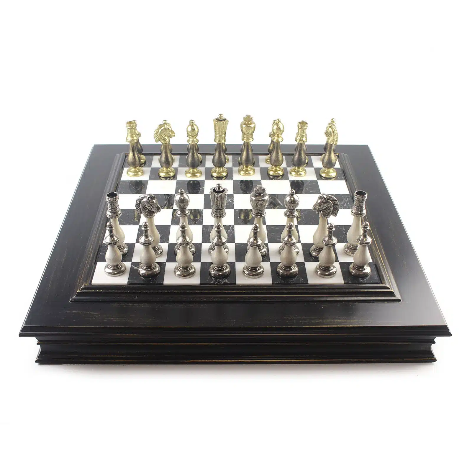 Set di Scacchi Bianco e Nero Staunton - Scacchiera in Marmo e Legno con Vano Portapezzi & Pezzi degli Scacchi in Legno e Metallo - immagine 6