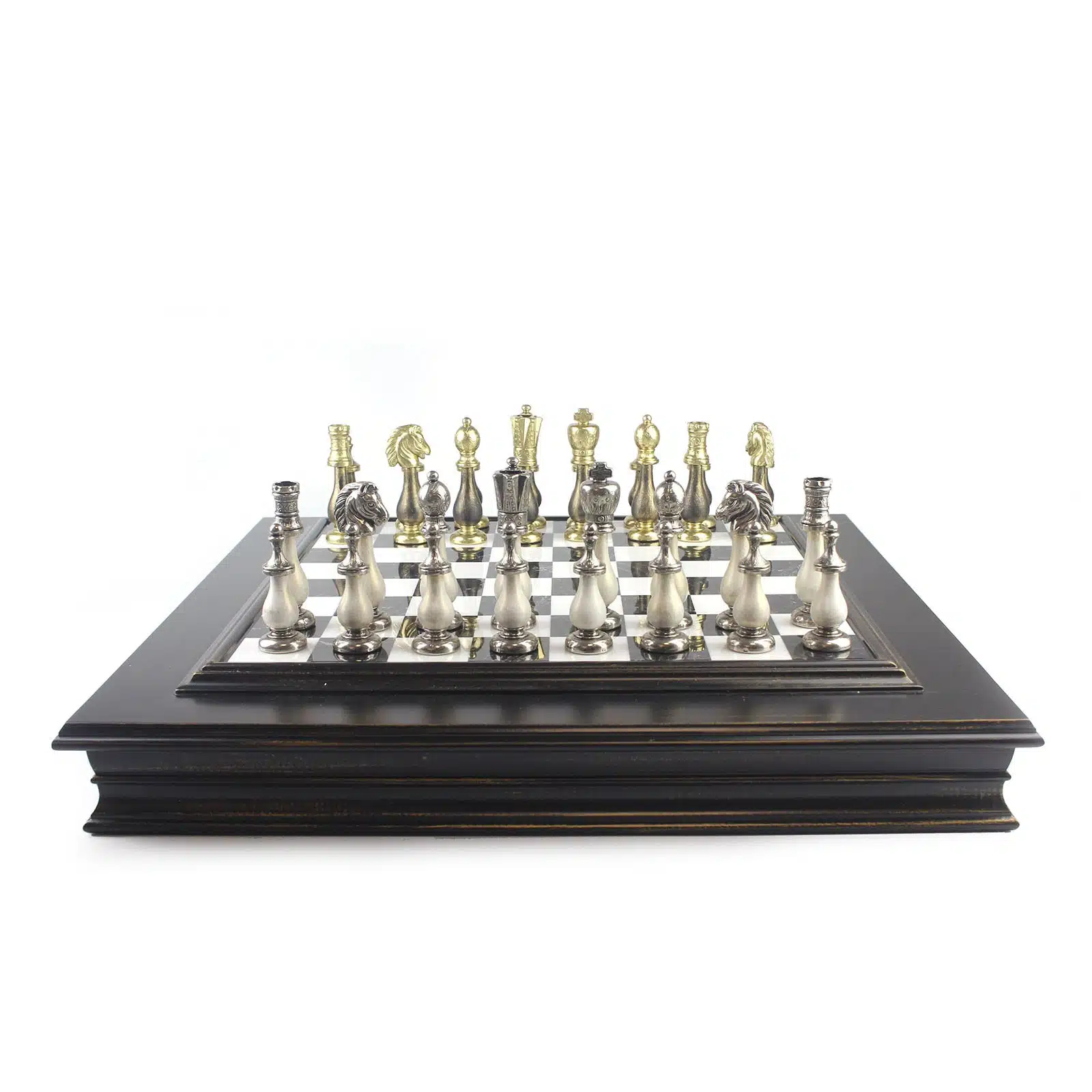 Set di Scacchi Bianco e Nero Staunton - Scacchiera in Marmo e Legno con Vano Portapezzi & Pezzi degli Scacchi in Legno e Metallo - immagine 7
