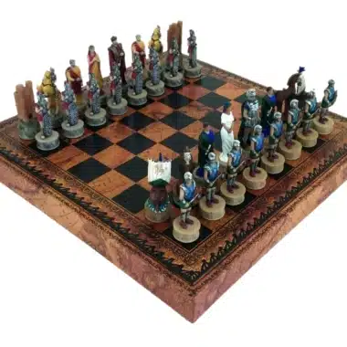 Set di Scacchi Battaglia di Troia in Resina e Scacchiera in Similpelle con Vano Portapezzi
