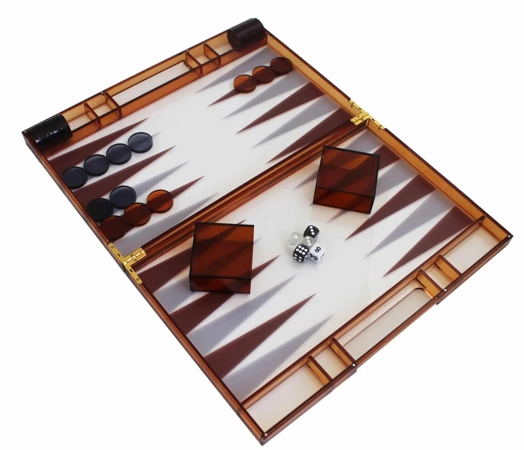 Backgammon moderno in plexiglass arancione con pedine, bussolotti per dadi e set di dadi