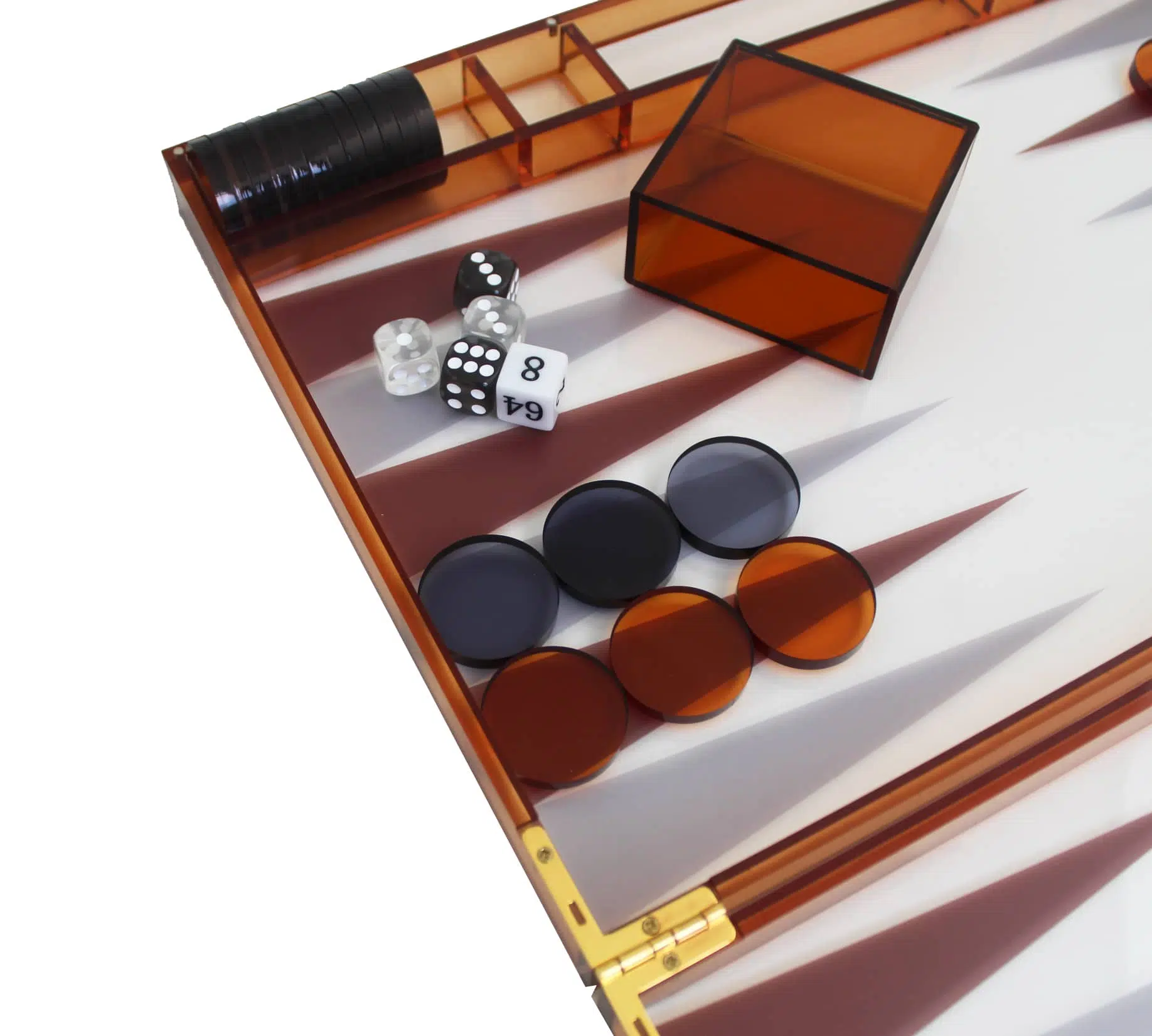 Backgammon moderno in plexiglass arancione con pedine, bussolotti per dadi e set di dadi - immagine 2