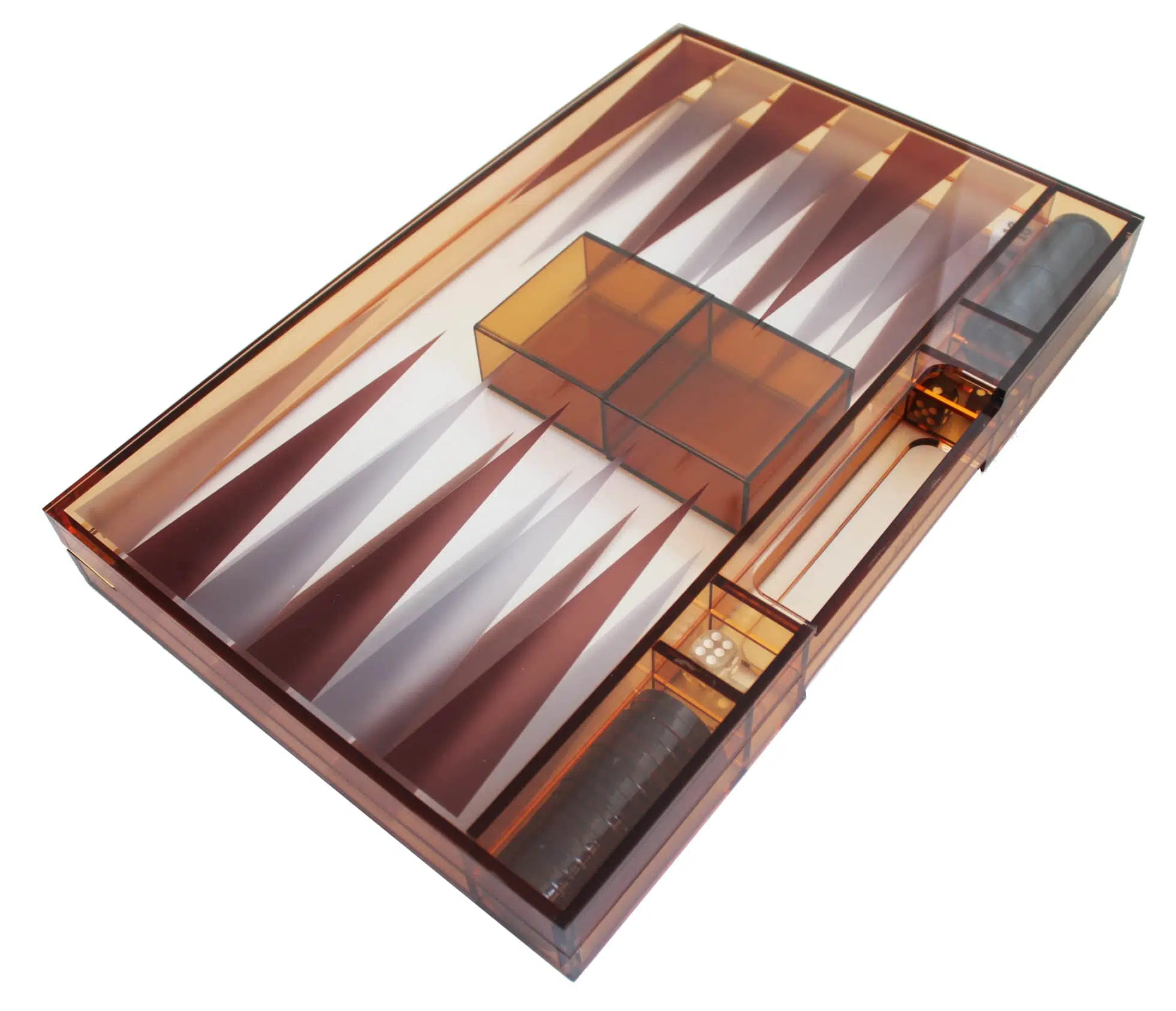 Backgammon moderno in plexiglass arancione con pedine, bussolotti per dadi e set di dadi - immagine 3