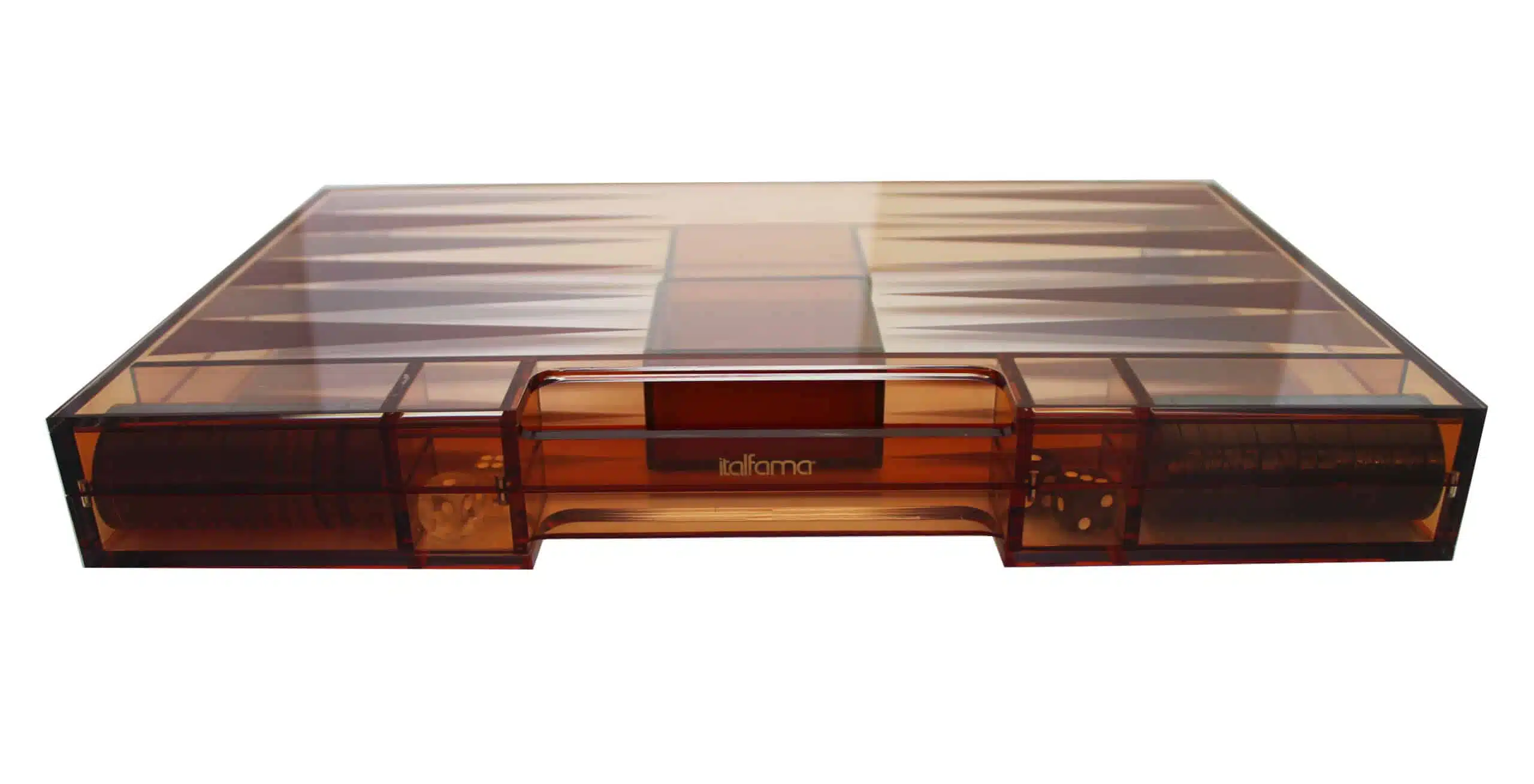 Backgammon moderno in plexiglass arancione con pedine, bussolotti per dadi e set di dadi - immagine 4