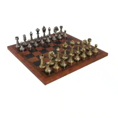 Set di Scacchi Staunton in Metallo e Scacchiera in Similpelle Marrone