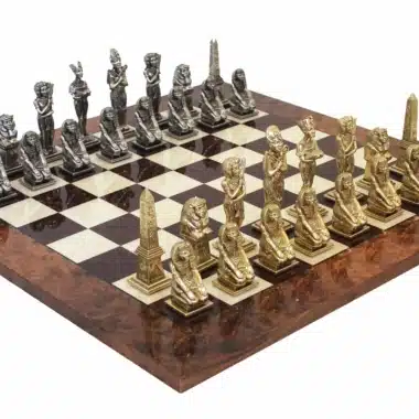Statuine Egitto in Metallo e Scacchiera in Legno di Erica e Noce Laccato
