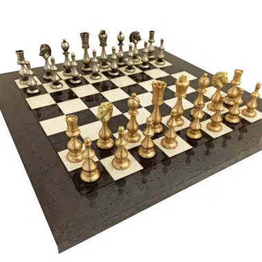 Grande Set di Scacchi Design - Pezzi in Ottone e Scacchiera in Legno di Radica ed Acero Grigio Laccato