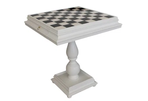 Table d'Echecs en Bois Laqué Blanc Tilia avec Plateau en Marbre de Carrare et Double Tiroir de Rangement