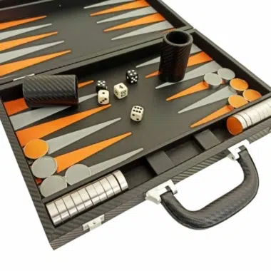Set di Backgammon Pieghevole in Similpelle Nera e Arancione