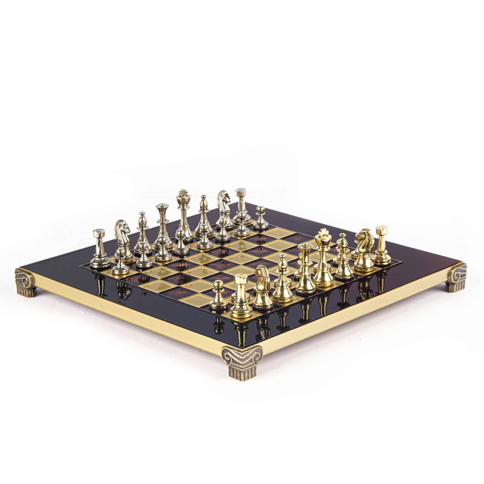 Piccolo Set di Scacchi Staunton in Metallo Argento e Oro con Scacchiera su Piedistallo in Metallo e Scatola Portapezzi - immagine 9