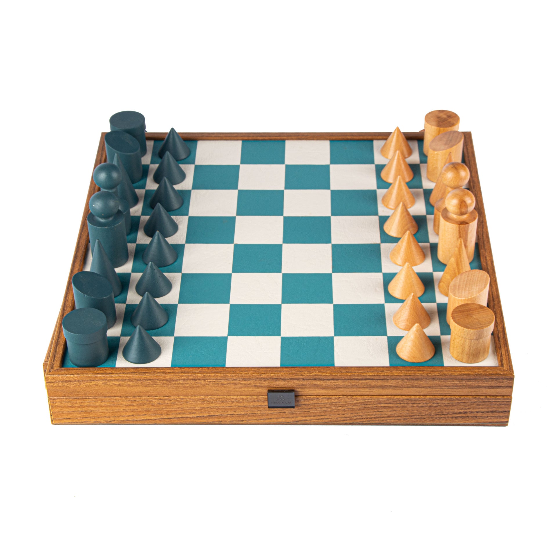 Set di Scacchi Stile Bauhaus in Legno e Similpelle Blu e Bianco con Vano Portapezzi - immagine 5